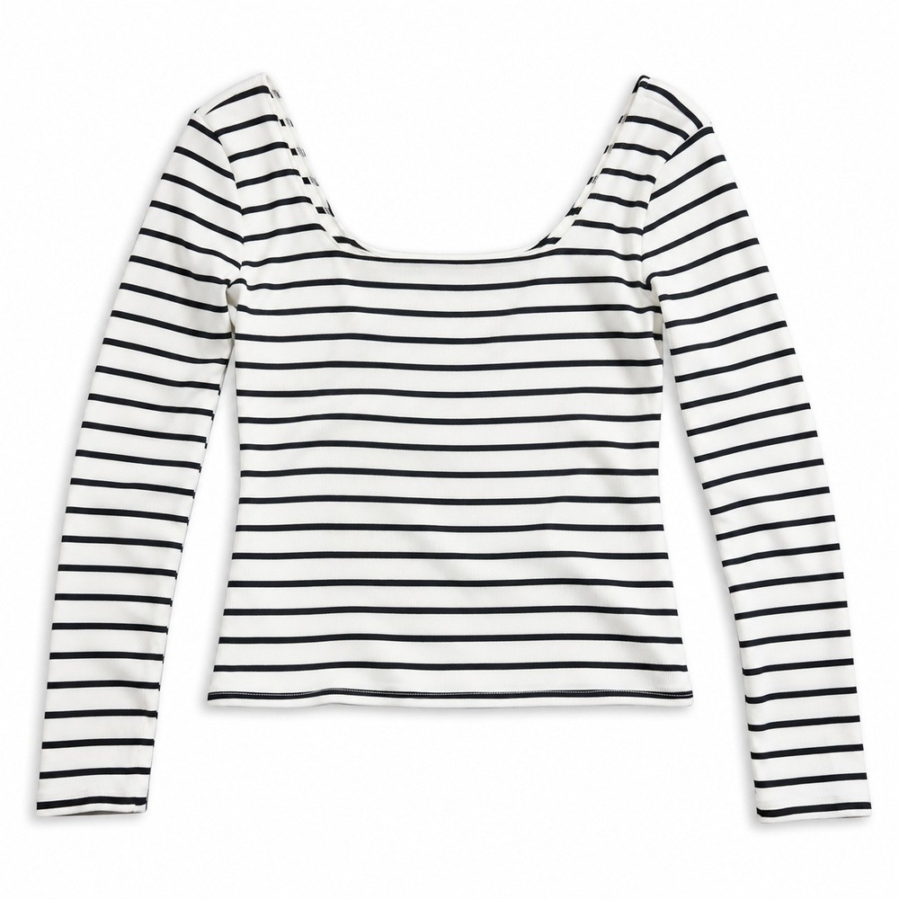 GUESS Womens Size S Black White Striped Long Sleeve Fitted Stretch Top